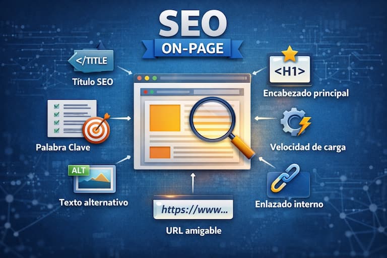 SEO On Page explicado de forma visual: títulos, encabezados, contenido, enlazado interno y optimización técnica